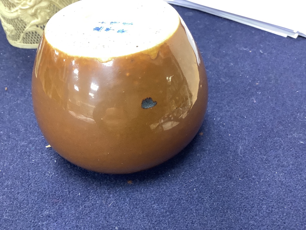 A Chinese cafe-au-lait glazed pot, Kangxi mark but later, height 7cm